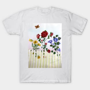 Flowers Growing Through Fence While Butterfly Hovers T-Shirt